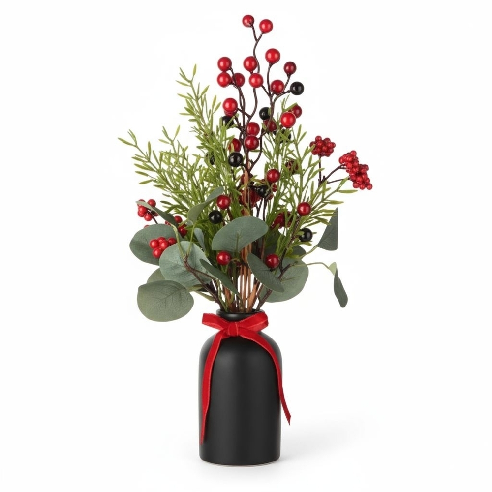 NWT Ashland Premade Red Berry & Greenery In Black Ceramic Vase!!